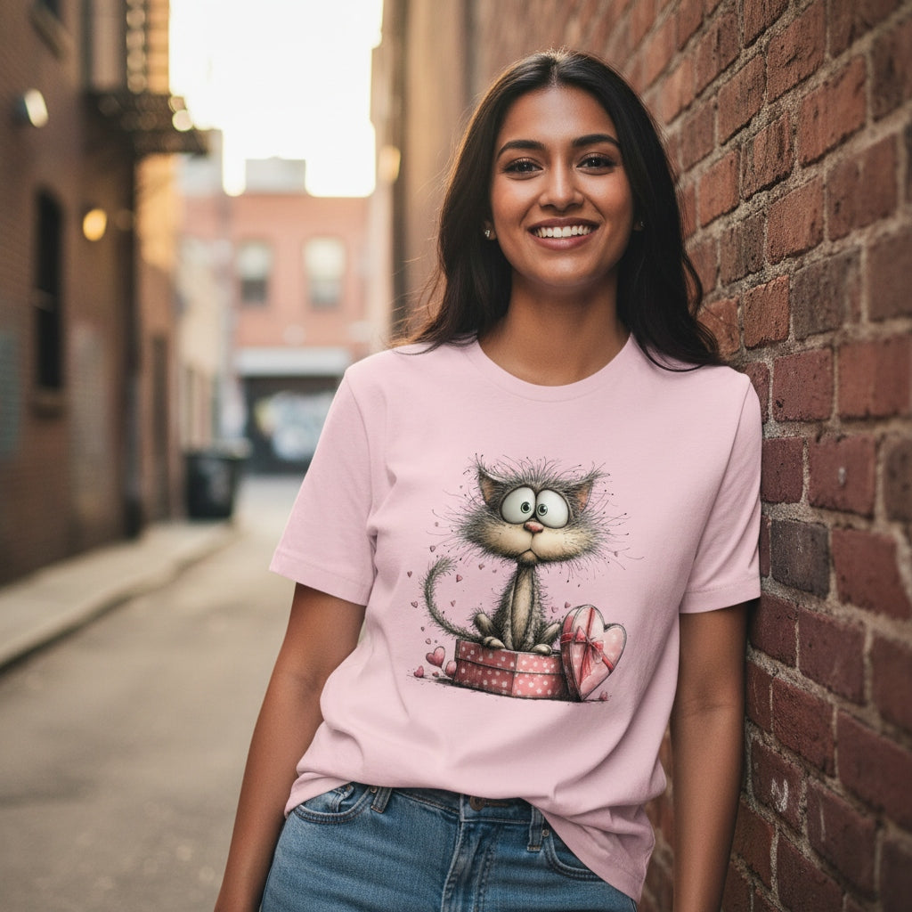 Woman wearing a pink t-shirt with a cat graphic, standing against a brick wall.