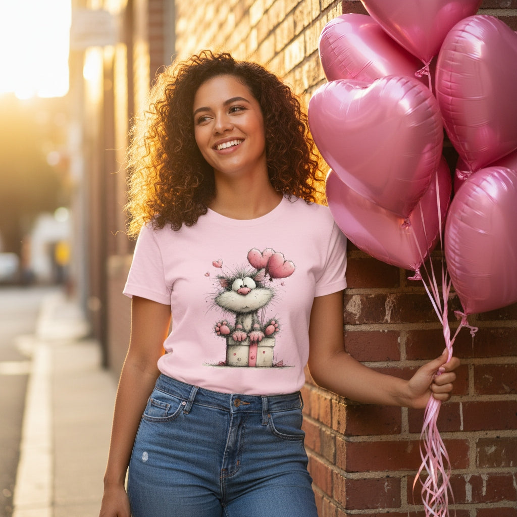 Woman holding pink heart-shaped balloons and a t-shirt with a cat design in an urban setting.