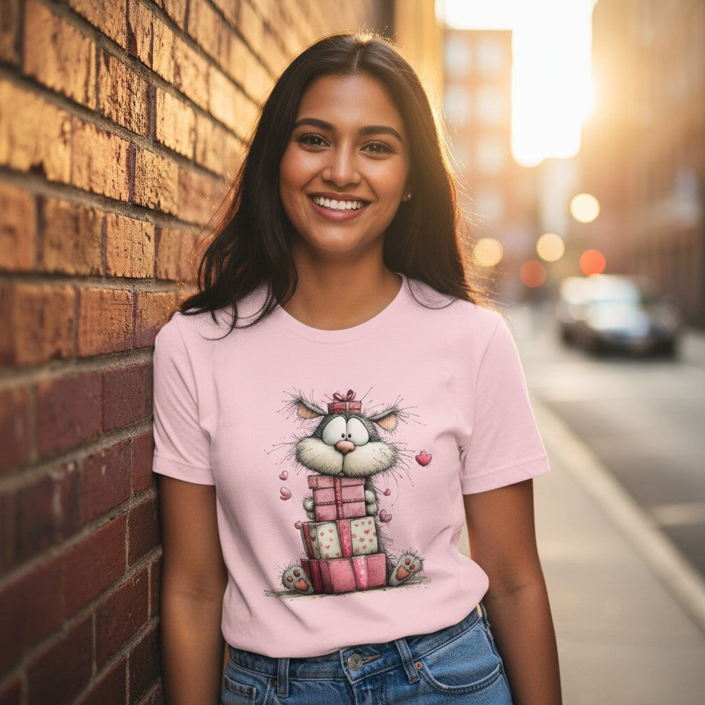 Woman wearing a pink t-shirt with a cat design, standing against a brick wall.