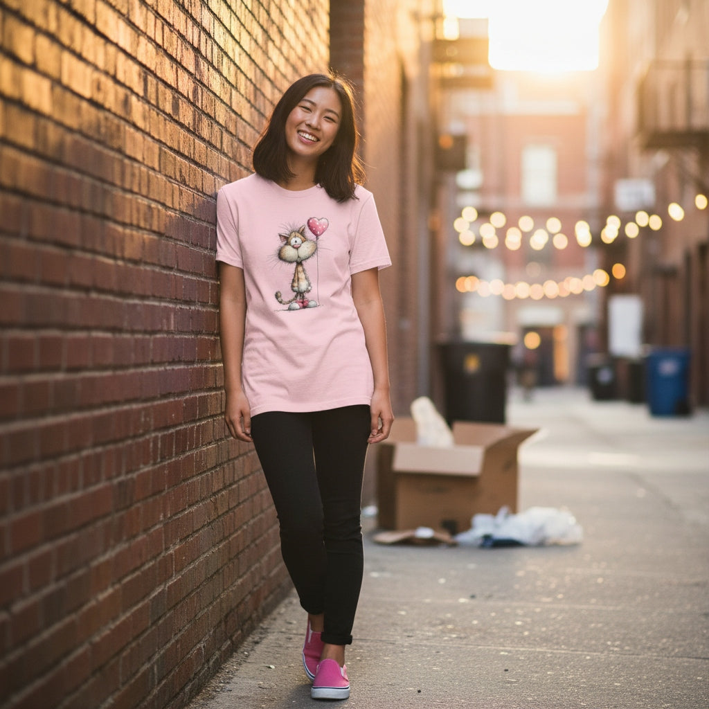Woman wearing a pink t-shirt with a graphic design, standing against a brick wall in an urban setting.