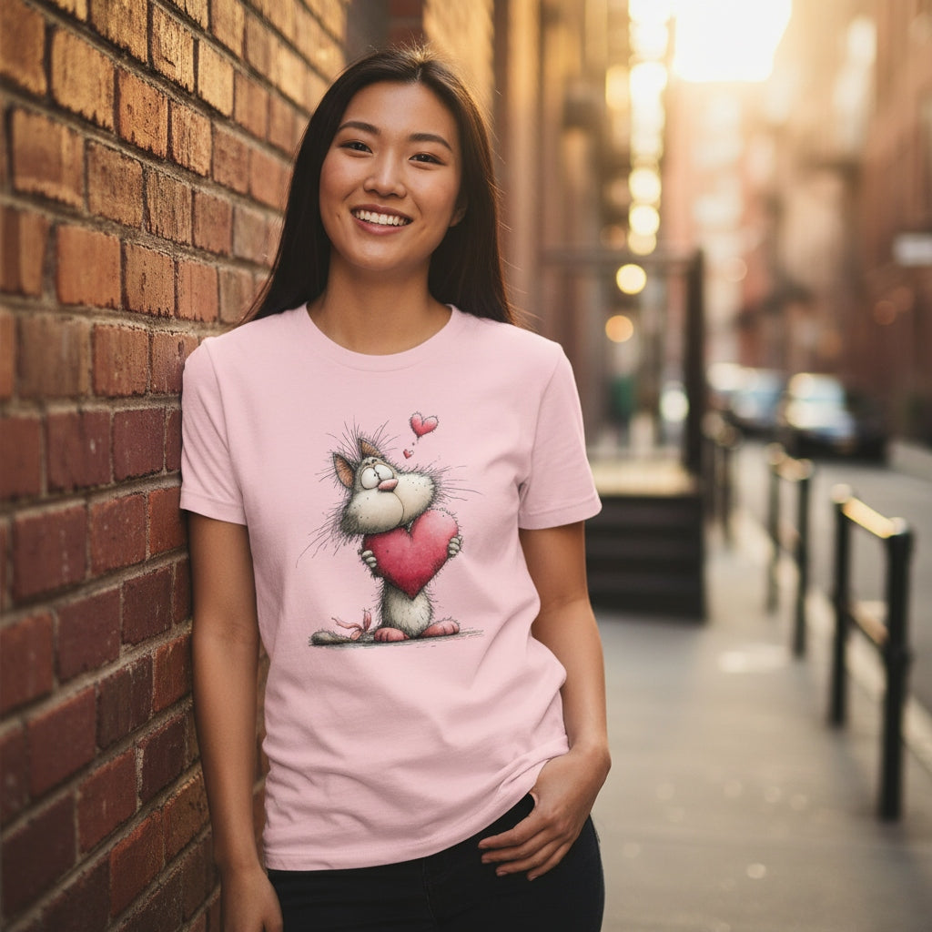 Woman wearing a pink t-shirt with a cartoon cat design, standing against a brick wall on a street.