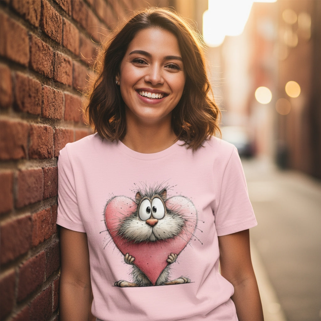 Woman wearing a pink t-shirt with a cartoon cat design, standing against a brick wall.