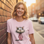 Woman wearing a pink t-shirt with a cartoon cat design, standing against a brick wall on a city street.