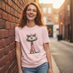 Person wearing a pink t-shirt with a cat graphic, standing against a brick wall.