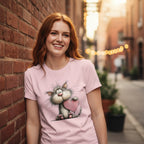 Woman wearing a pink t-shirt with a cat graphic, standing against a brick wall.