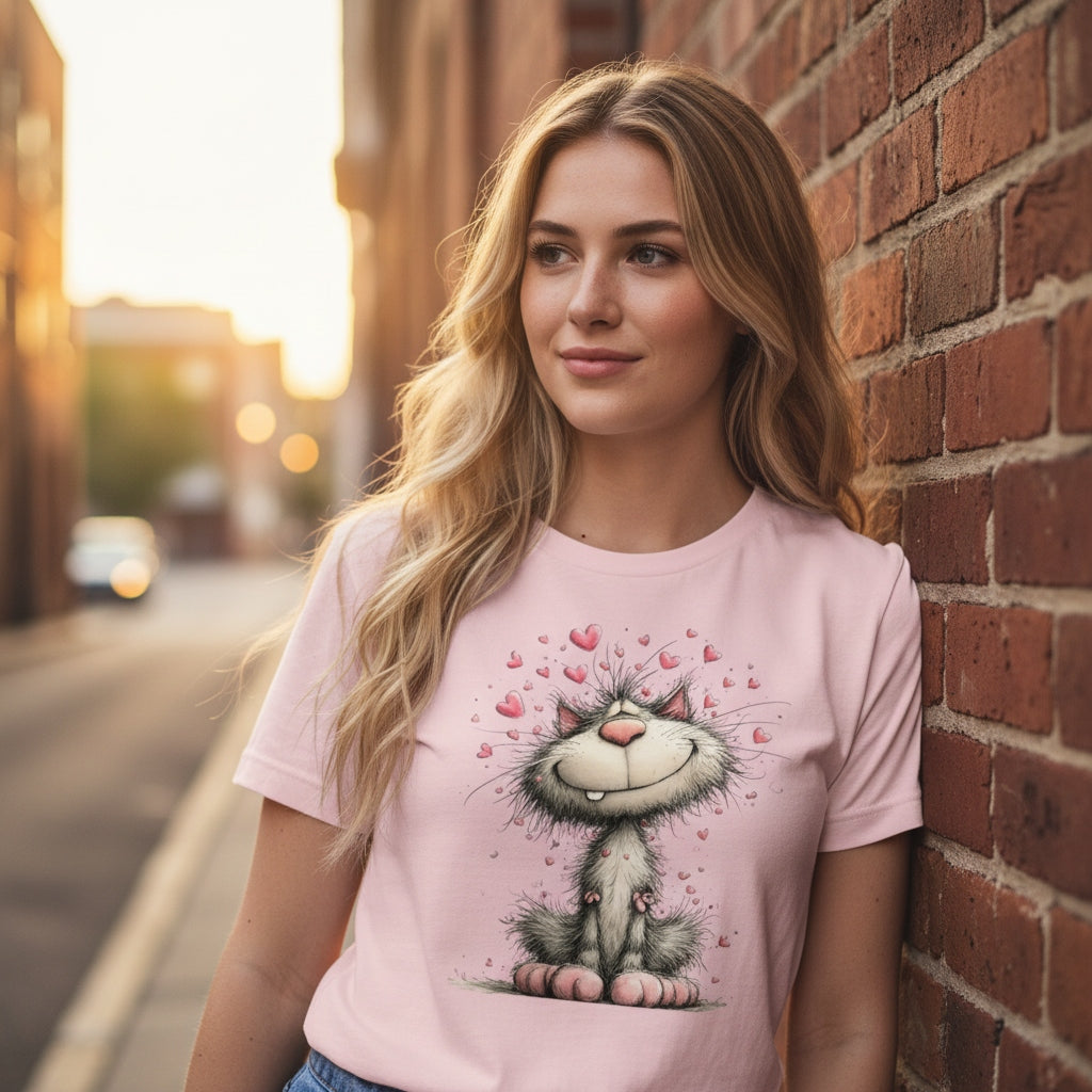 Woman wearing a pink t-shirt with a cat graphic against a brick wall.