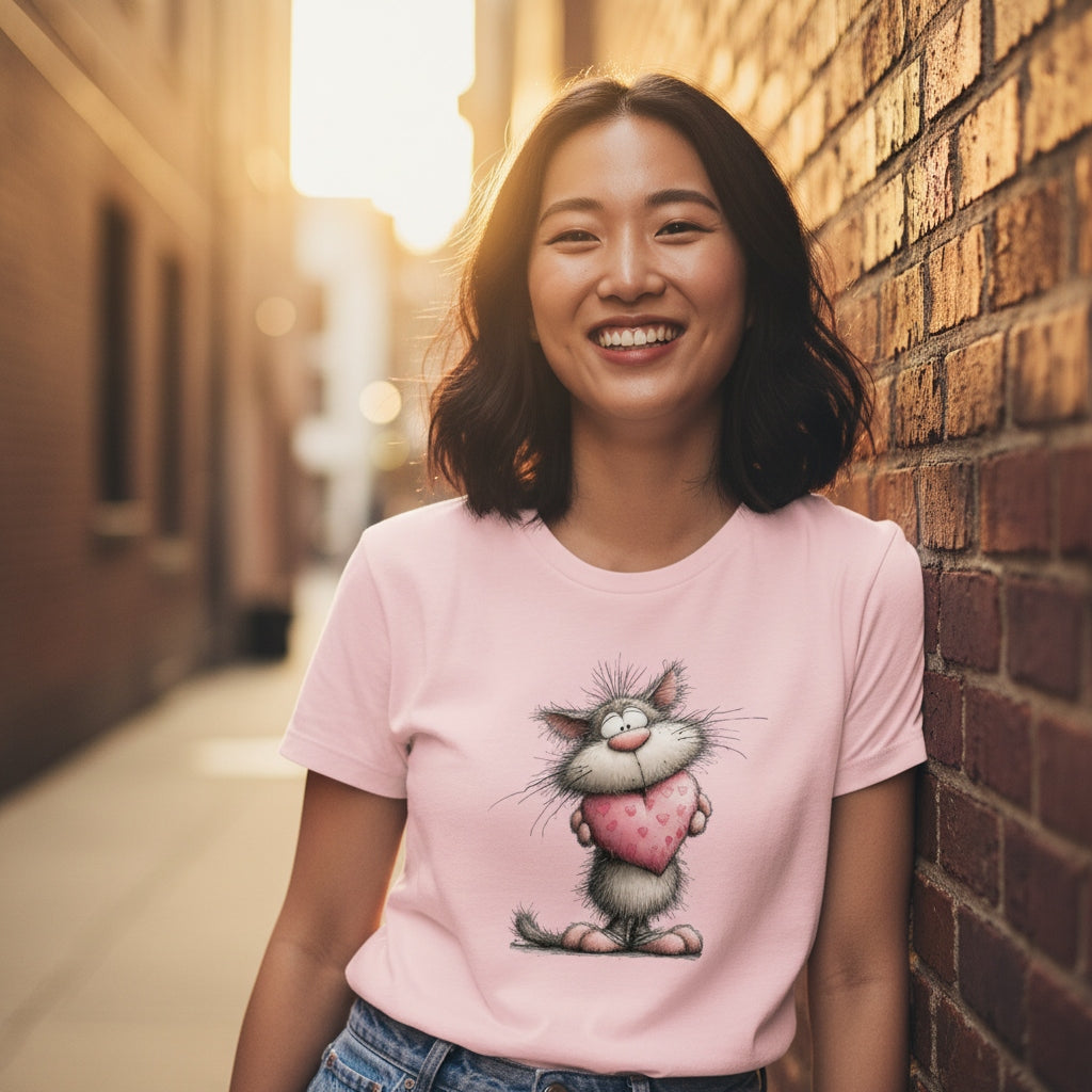 Woman wearing a pink t-shirt with a cartoon cat design, standing against a brick wall.