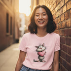 Woman wearing a pink t-shirt with a cartoon cat design, standing against a brick wall.