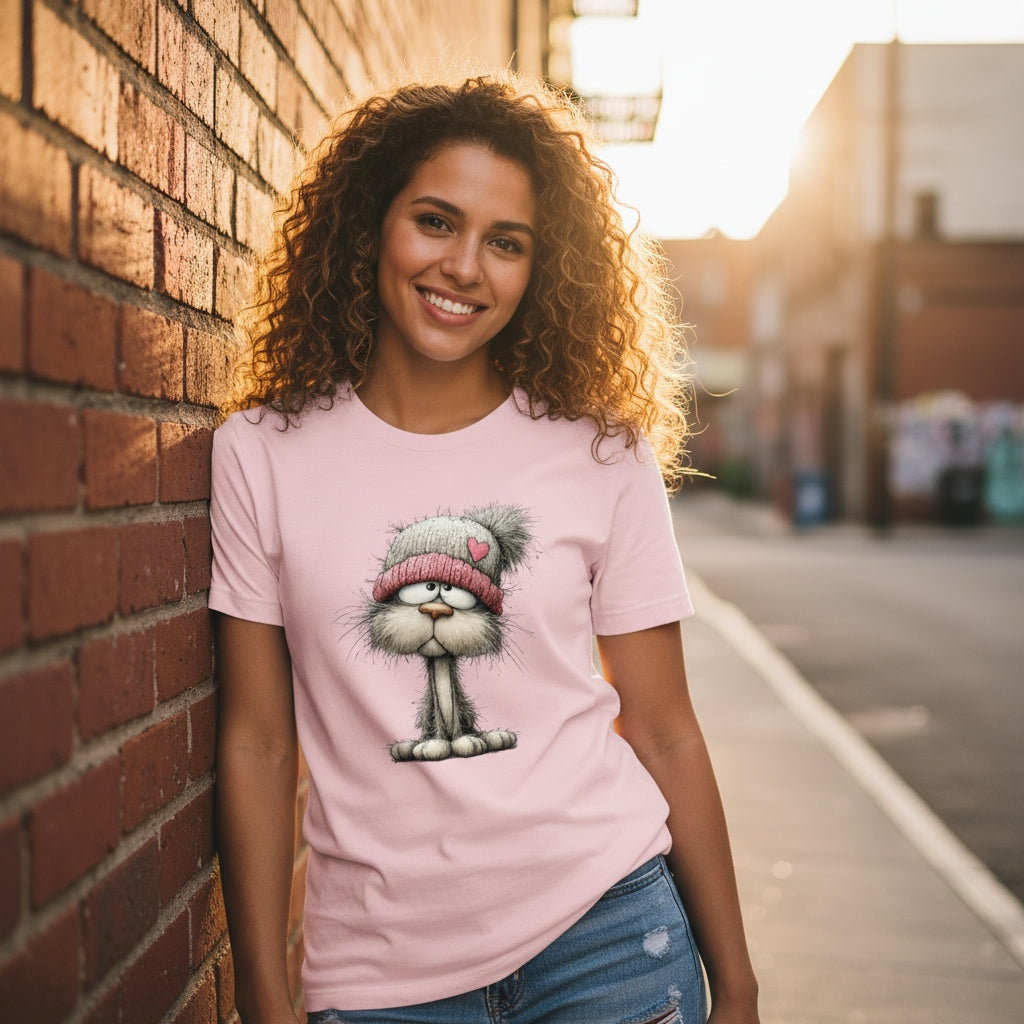 Woman wearing a pink t-shirt with a cartoon character leaning against a brick wall.