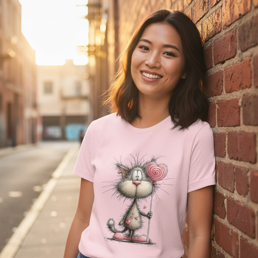Woman wearing a pink t-shirt with a cat design, standing against a brick wall.