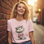 Woman wearing a pink t-shirt with a cat graphic, standing against a brick wall.