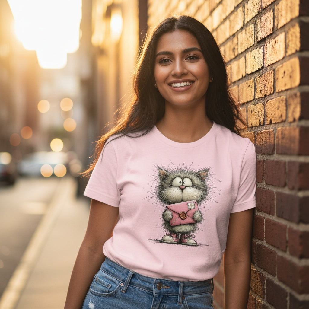 Woman wearing a pink t-shirt with a cat graphic, standing against a brick wall.