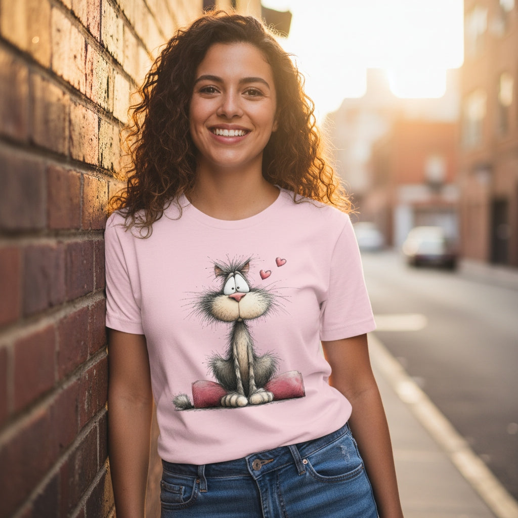 Woman wearing a pink t-shirt with a cat graphic, standing against a brick wall.