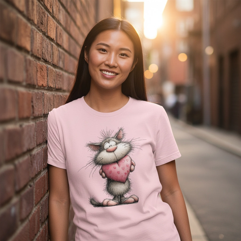 Woman wearing a pink t-shirt with a cartoon cat design, standing against a brick wall.