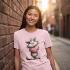 Woman wearing a pink t-shirt with a cartoon cat design, standing against a brick wall.