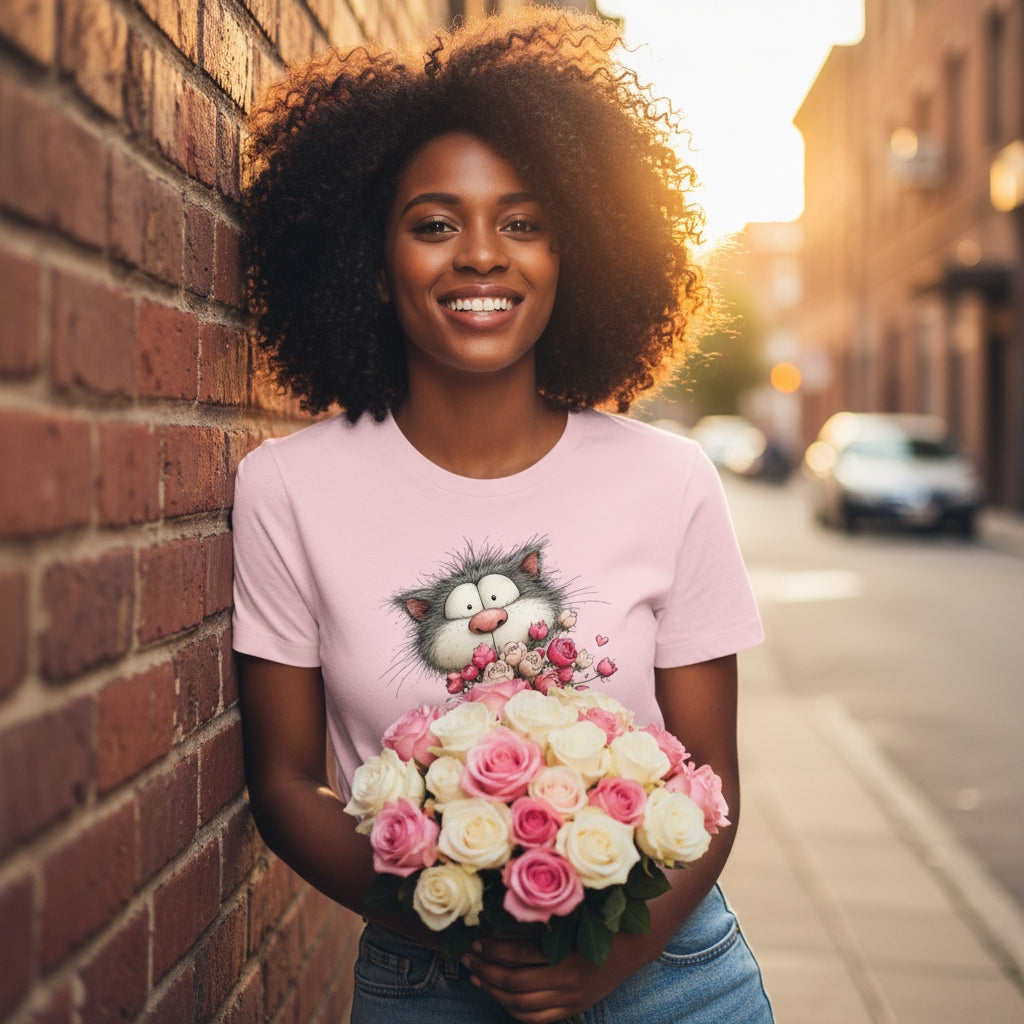 Woman holding flowers against a brick wall with a city street background