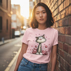 Woman wearing a pink t-shirt with a cat graphic, standing against a brick wall on a street.