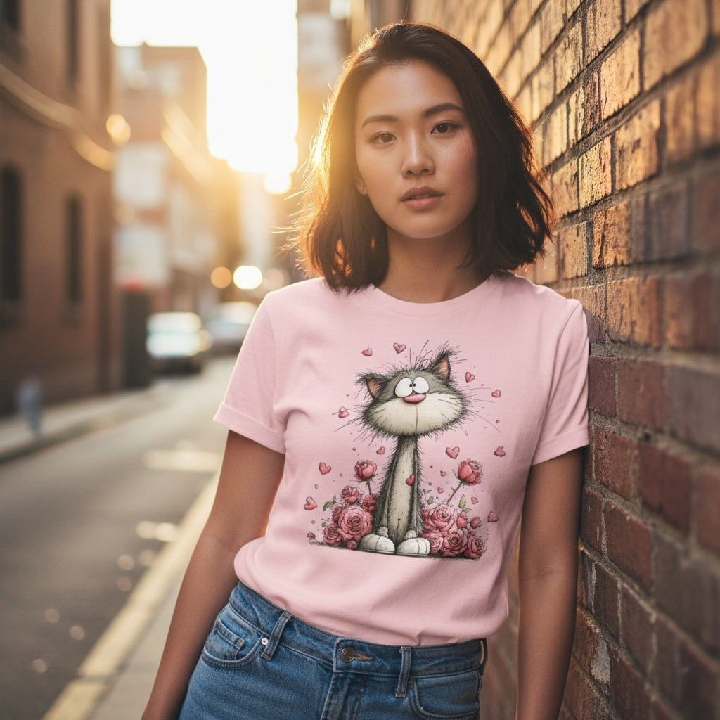 Woman wearing a pink t-shirt with a cat graphic, standing against a brick wall on a street.
