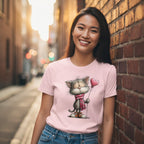 Woman wearing a pink t-shirt with a cat graphic, standing against a brick wall.