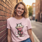 Cute pink t-shirt featuring a cartoon cat holding a heart, perfect for casual wear.