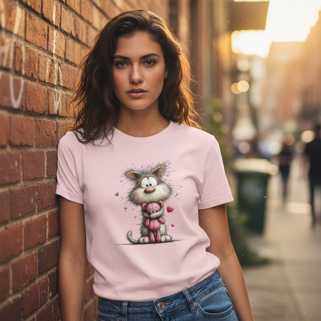 Woman wearing a pink t-shirt with a cartoon cat design, standing against a brick wall.