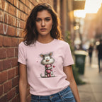 Woman wearing a pink t-shirt with a cartoon cat design, standing against a brick wall.