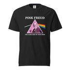 Black T-shirt featuring Sigmund Freud in a pink triangle with a rainbow beam, "PINK FREUD," and "THE DARK SIDE OF YOUR MOM."