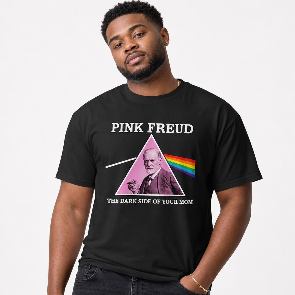 Front view of a model wearing a black T-shirt featuring Sigmund Freud inside a pink triangle with a rainbow beam and text.