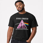 Front view of a model wearing a black T-shirt featuring Sigmund Freud inside a pink triangle with a rainbow beam and text.