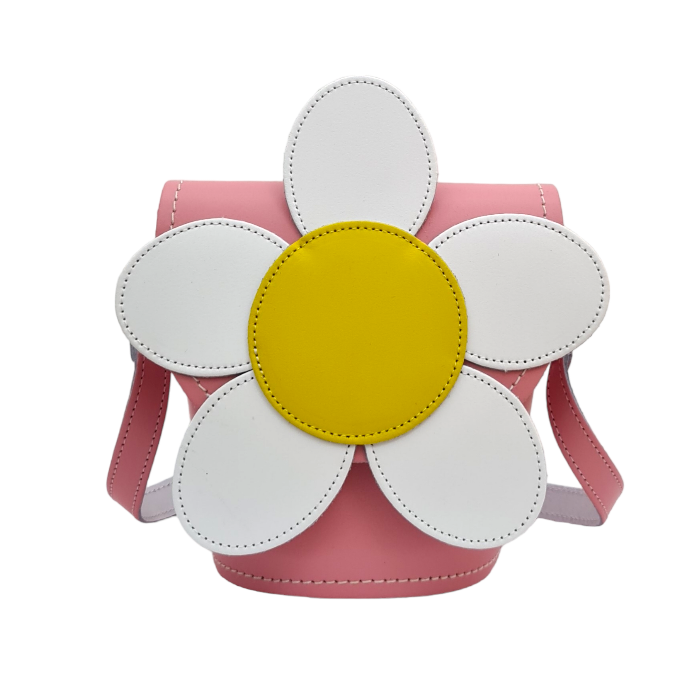 Zatchels Pastel Pink Daisy Handmade Leather Barrel Bag front view