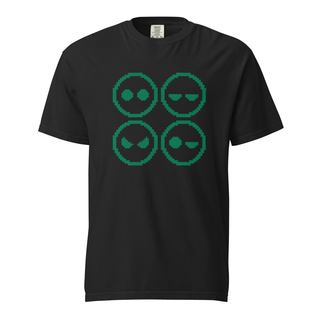 Black T-shirt with a four-panel pixel-art graphic showing four alien faces with varied expressions in green.