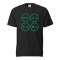 Black T-shirt with a four-panel pixel-art graphic showing four alien faces with varied expressions in green.