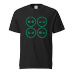 Black T-shirt with a four-panel pixel-art graphic showing four alien faces with varied expressions in green.