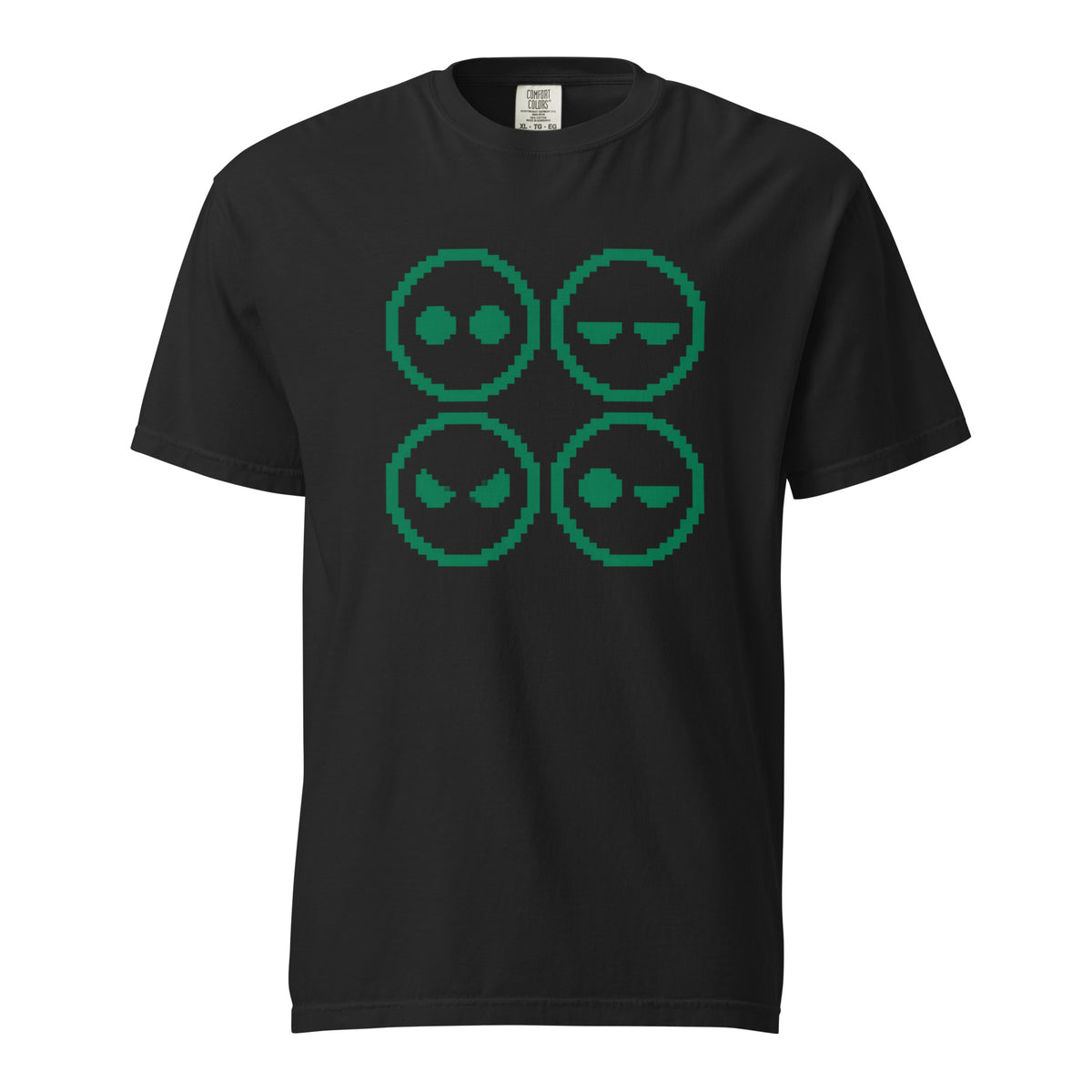 Black T-shirt with a four-panel pixel-art graphic showing four alien faces with varied expressions in green.