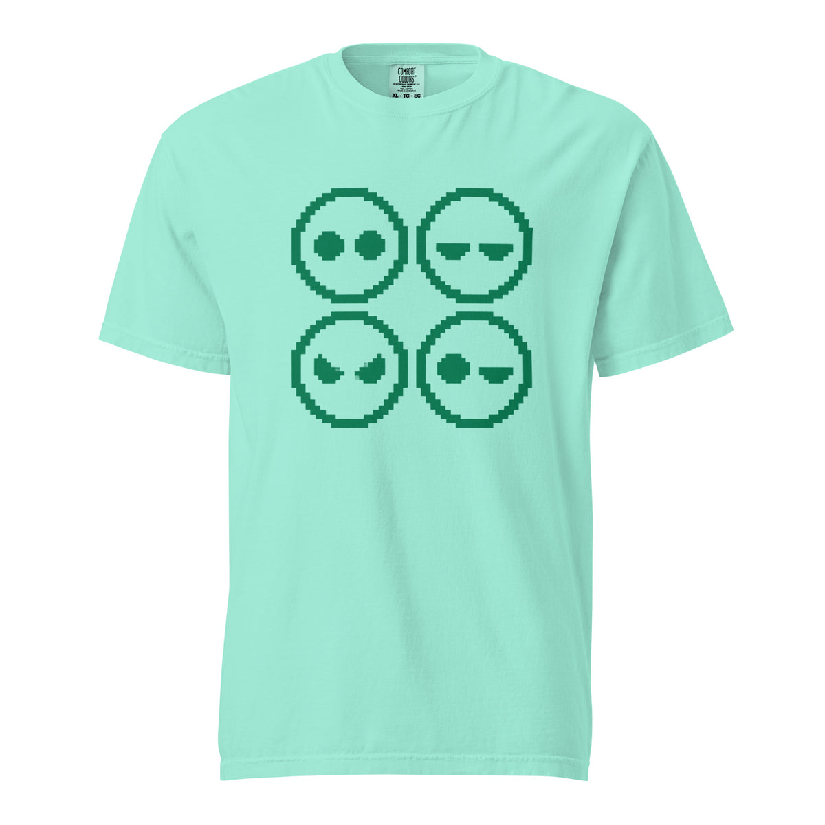 Front view of a Chalky Mint T-shirt featuring four pixel-art alien faces with varied expressions in a two-by-two layout.