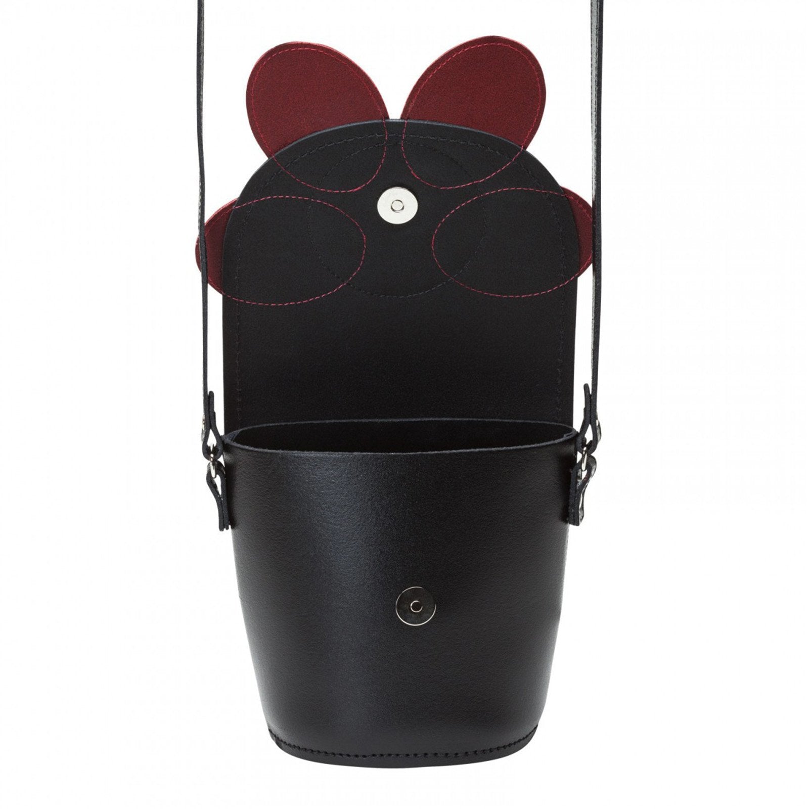 Black bucket bag with red accents on a white background