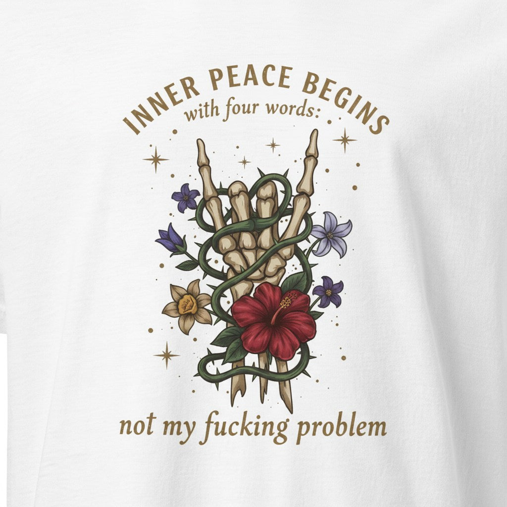 Close-up view of a printed design on a white t-shirt.