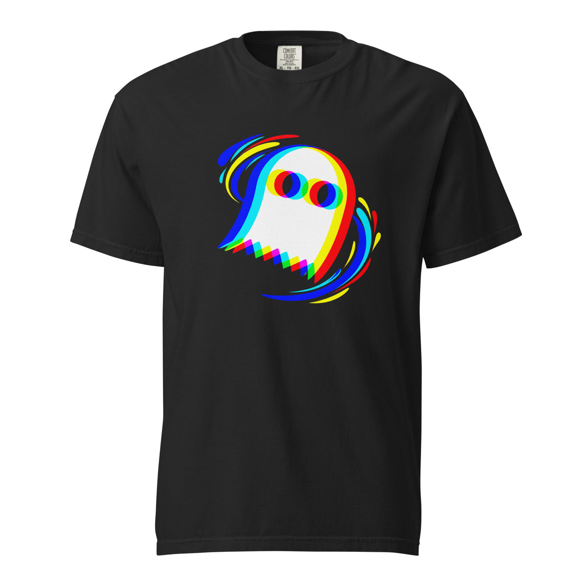 Front view of a black T-shirt featuring a stylised white ghost with rainbow outlines, circular eyes, and colourful motion-like brush strokes.
