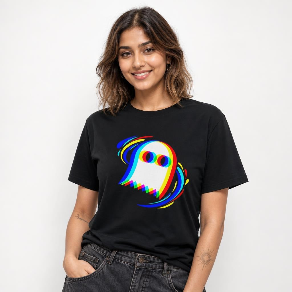 Model wearing a black T-shirt featuring a central stylized white ghost with rainbow outlines and colorful motion-like brush strokes.