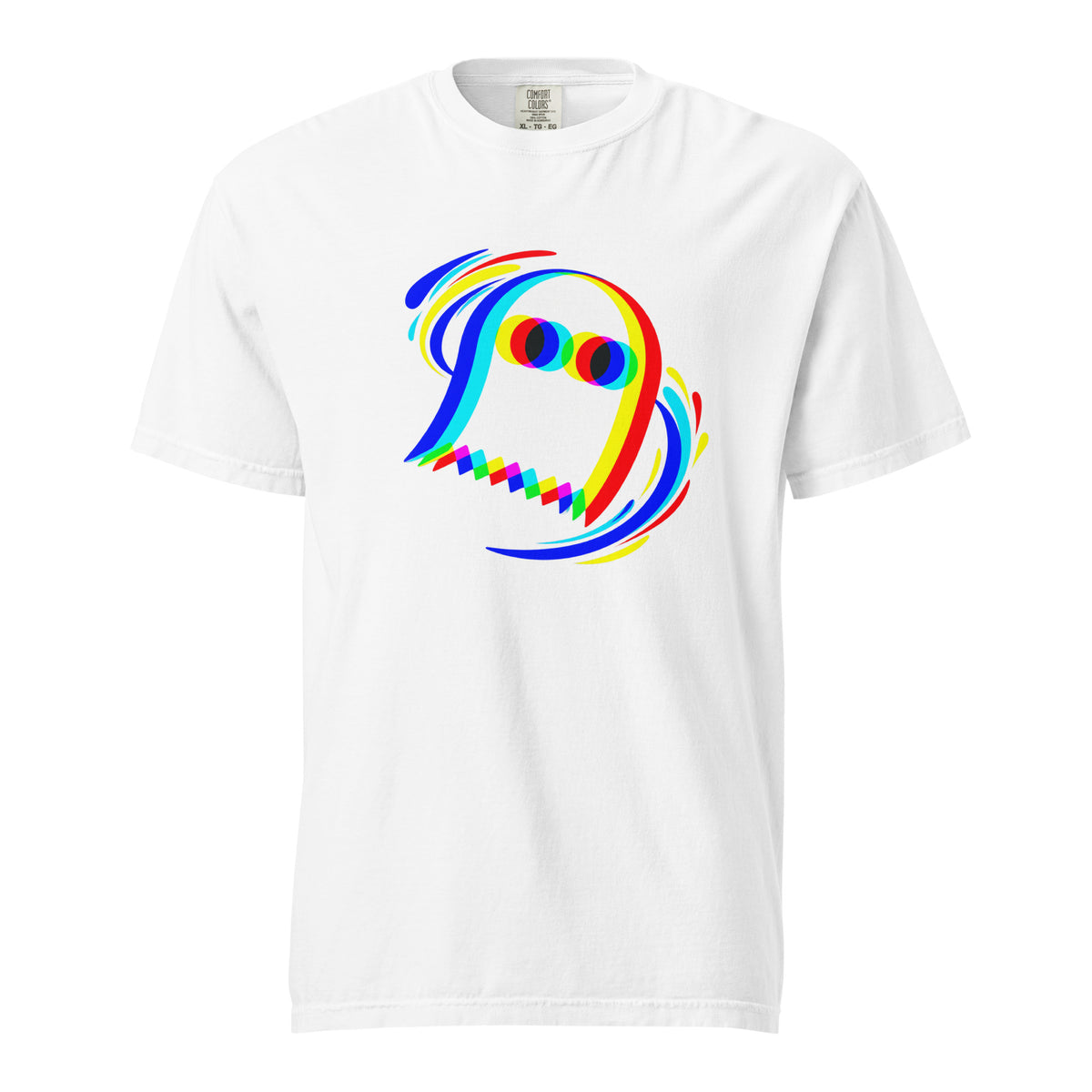 Front view of a white T-shirt featuring a stylised ghost with rainbow outlines, circular eyes, and colourful motion-like brush strokes.