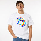 Model wearing a white T-shirt with a stylised ghost, rainbow-coloured outlines, circular eyes, and colourful motion-like brush strokes.