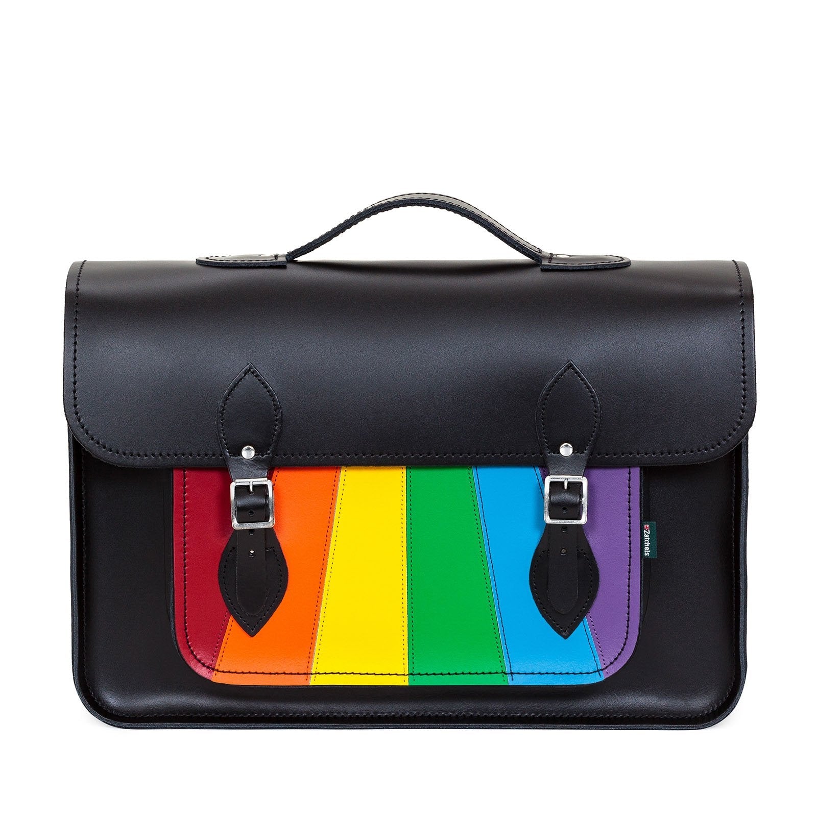 Zatchels Pride Rainbow 16 Inch Handmade Leather Satchel front view