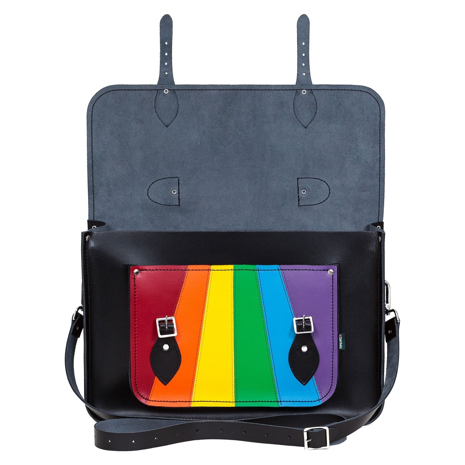 Zatchels Pride Rainbow leather satchel open view