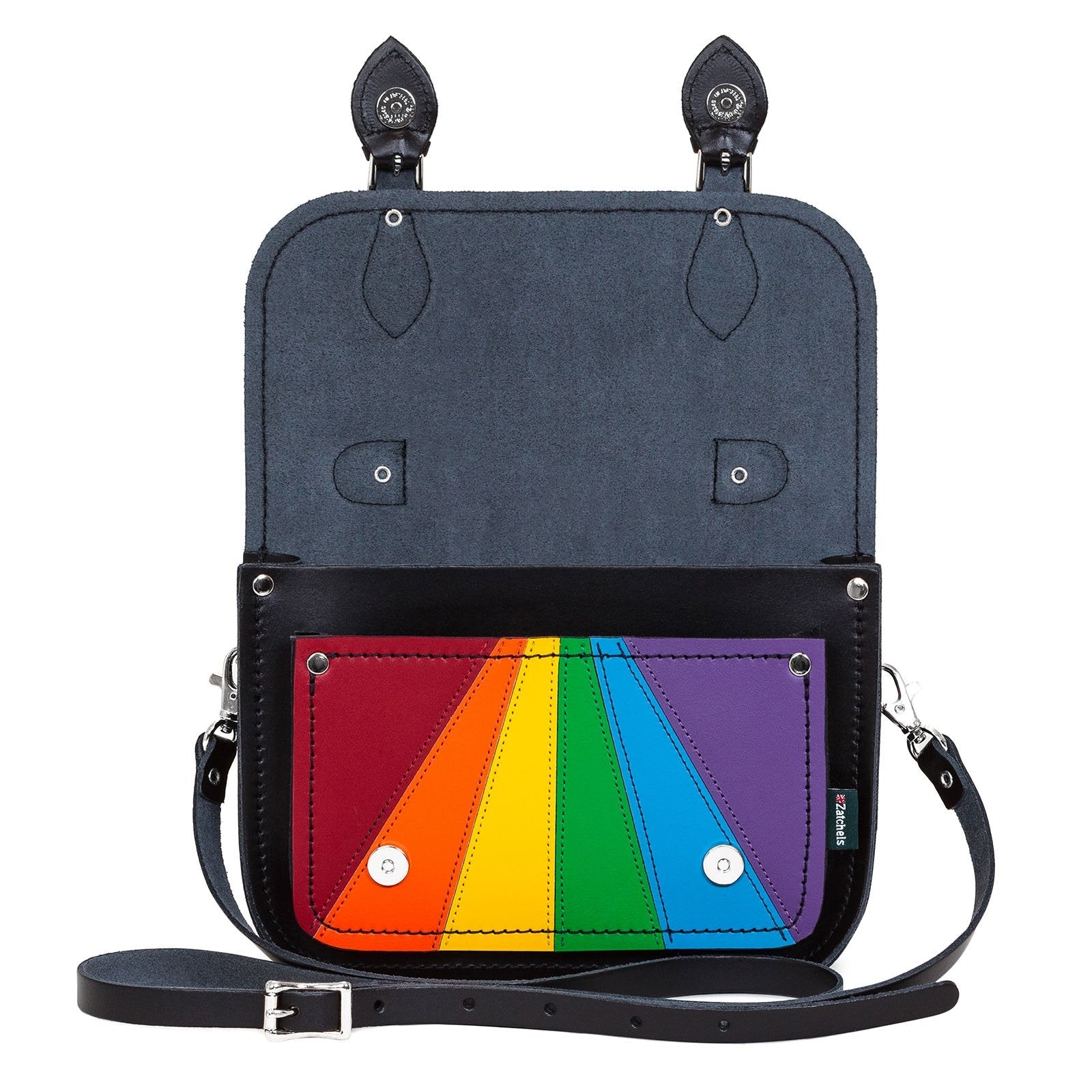 Zatchels Pride Rainbow leather midi satchel open view