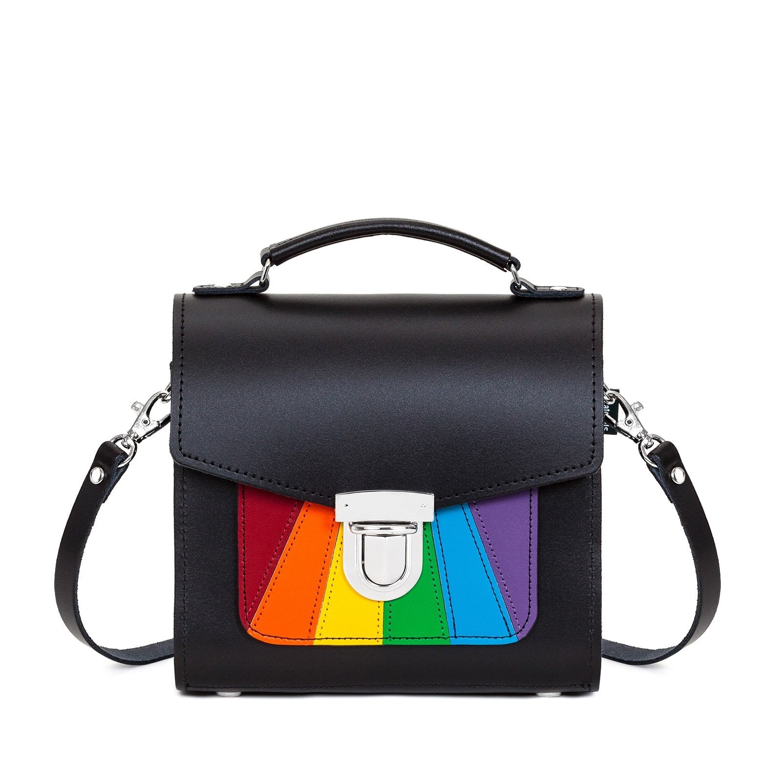 Black handbag with a rainbow-colored flap on a white background