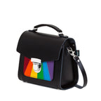 Black handbag with rainbow-colored flap on a white background