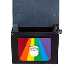 Black handbag with a rainbow-colored flap on a white background