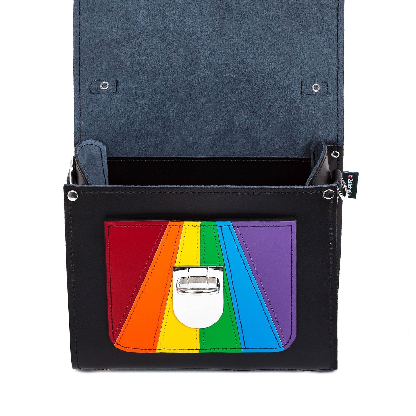 Black handbag with a rainbow-colored flap on a white background