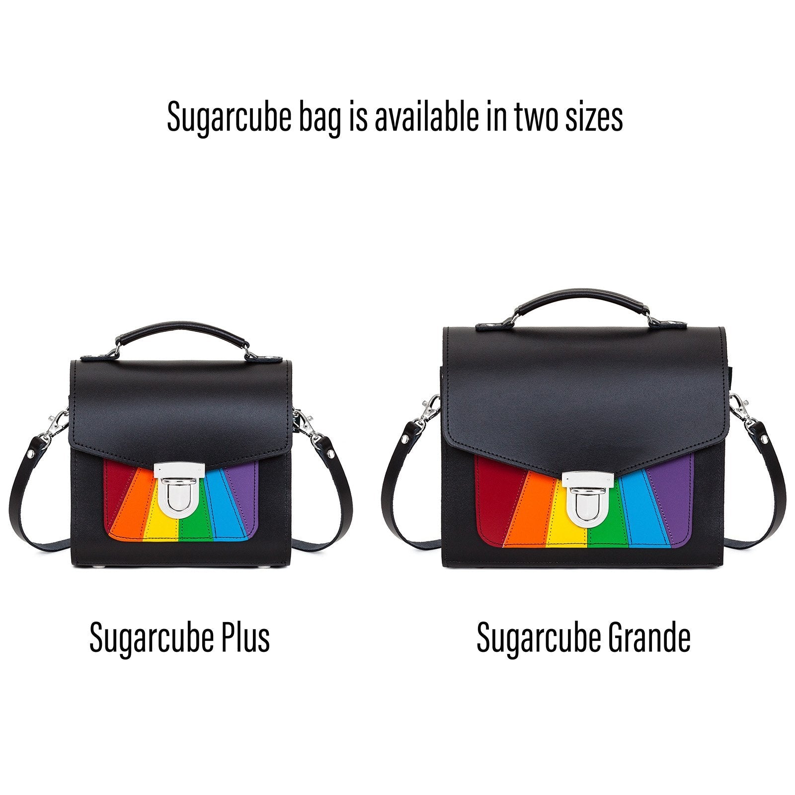 Two black handbags with rainbow accents labeled 'Sugarcube Plus' and 'Sugarcube Grande' on a white background.