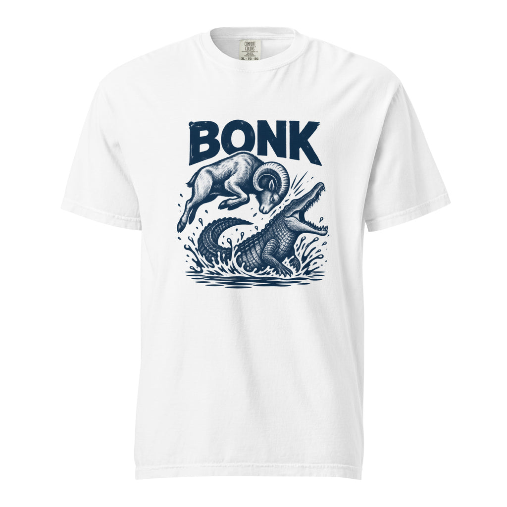 Front view of a white T-shirt featuring a leaping ram colliding with a crocodile amid splashing water, with “BONK” above.